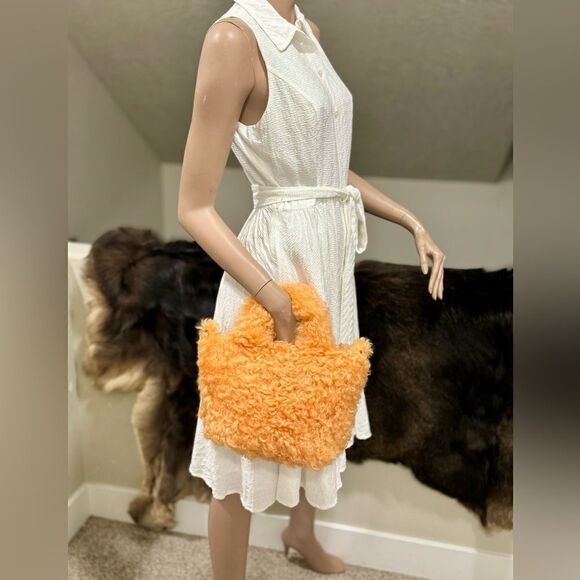 Multi Use Orange Genuine Curly Shearling Top Handle Bag/Shoulder Bag/Crossbody - Picture 5 of 16